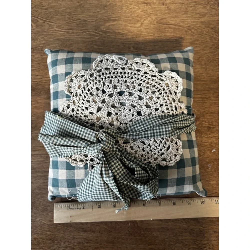 Vintage Handmade Doily Throw Pillow Green Checkered Grandma Cottage Core